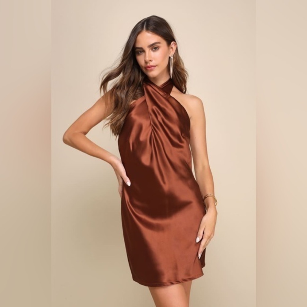 LULU’S BEYOND CLASSY SATIN HALTER MINI DRESS